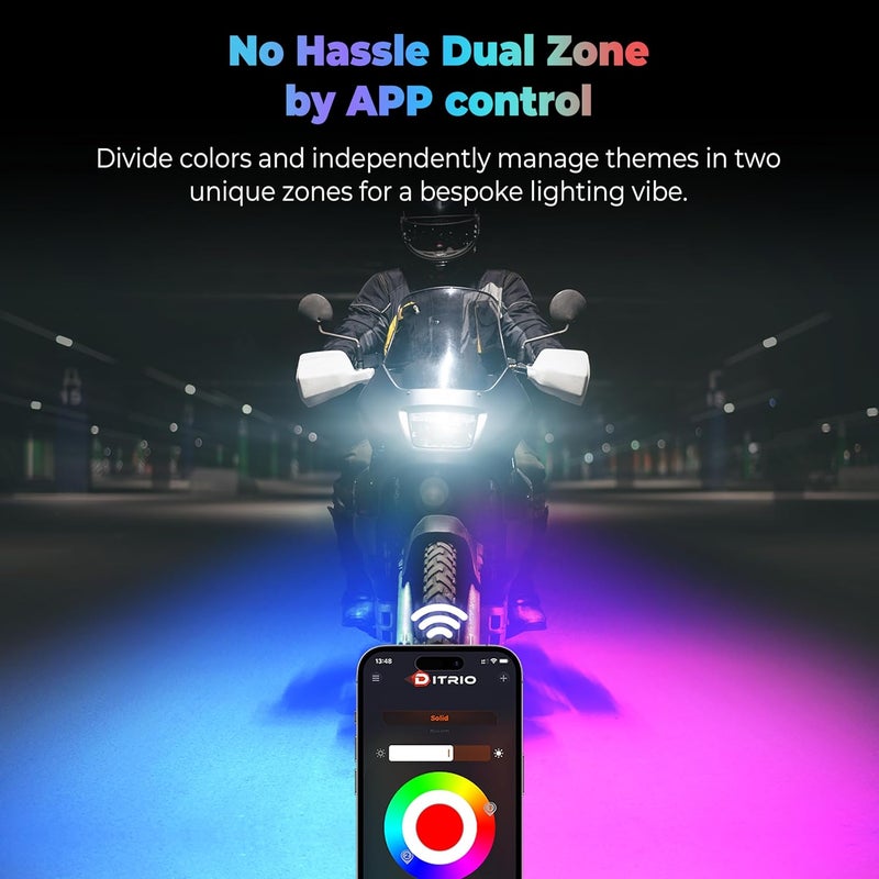 DITRIO 22Pcs Motorcycle Led Underglow Kit with Brake Turn Signal, Motorcycle RGB Lights with APP/RF Remote Control, Dual Zone,12V Waterproof Pixelglow Effects for Motorcycles, Golf Carts, ATVs, UTVs - Image 5